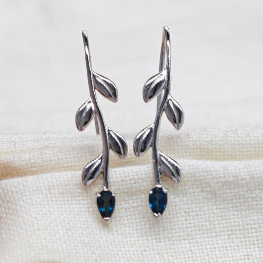 London Blue Topaz Leaf Dangle Earrings in Sterling Silver