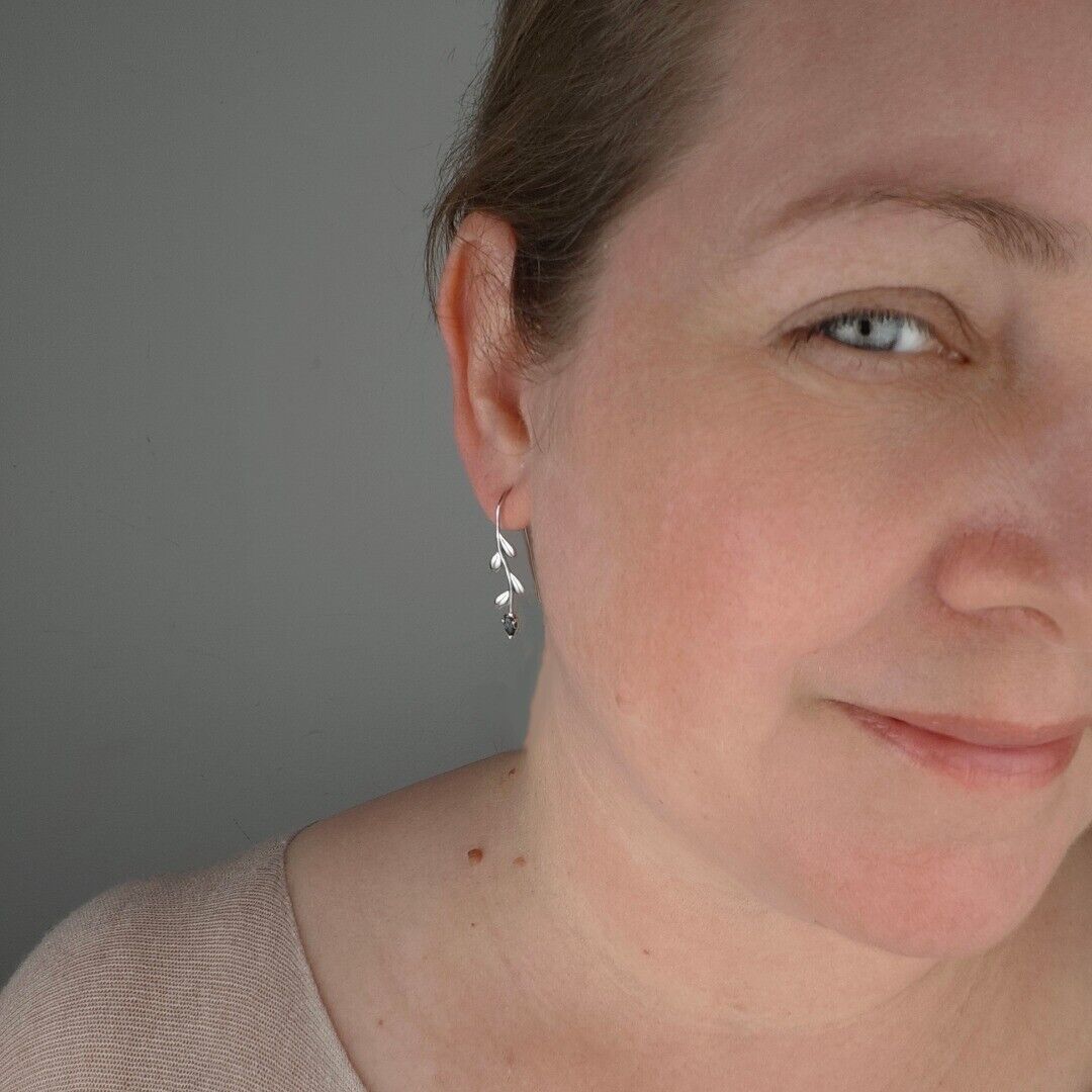 Blue Topaz Dangle Earrings Leaf Motif Natural Dyed Gemstones Hook
