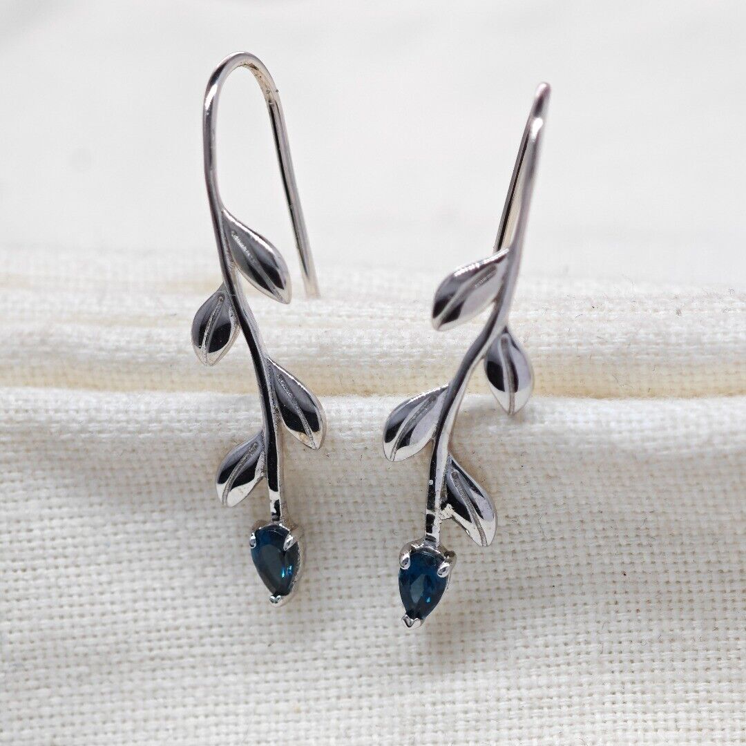 Blue Topaz Dangle Earrings Leaf Motif Natural Dyed Gemstones Hook
