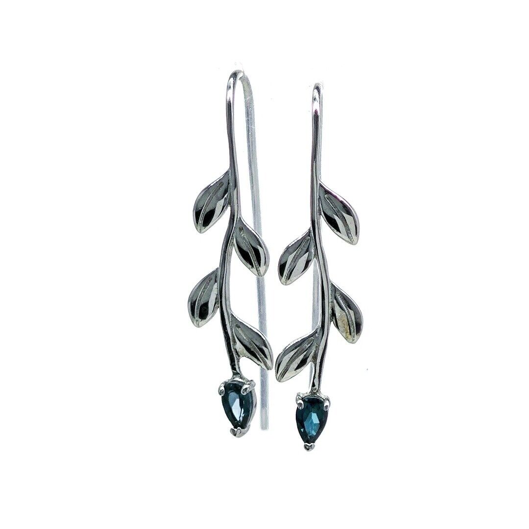 Blue Topaz Dangle Earrings Leaf Motif Natural Dyed Gemstones Hook