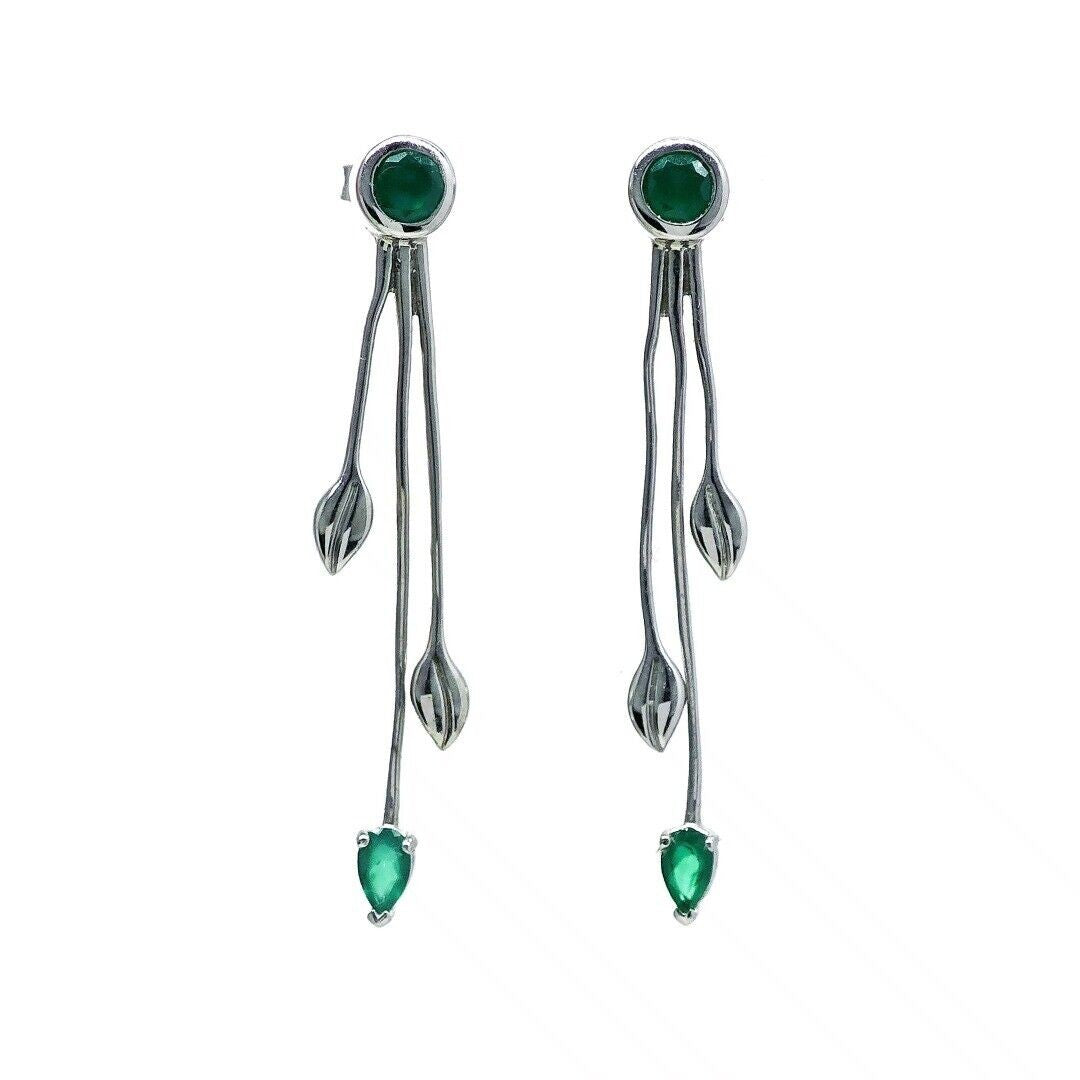 Green Dangle Earrings Leaf Motif Natural Dyed Gemstones Butterfly