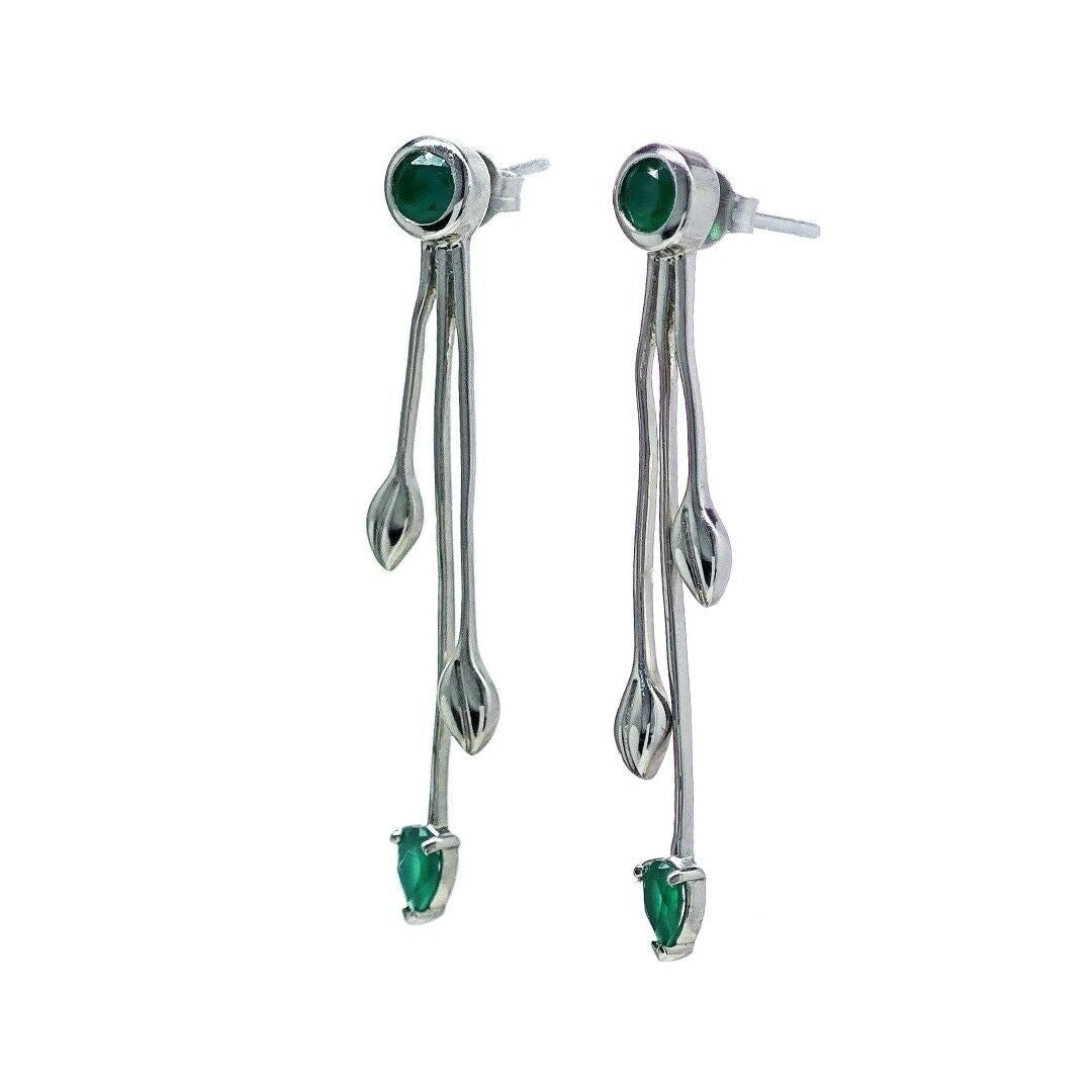 Green Dangle Earrings Leaf Motif Natural Dyed Gemstones Butterfly