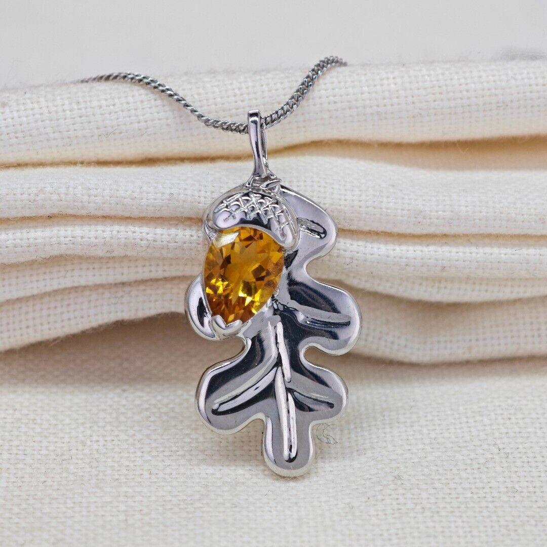 Citrine Oak Leaf Necklace in Sterling Silver