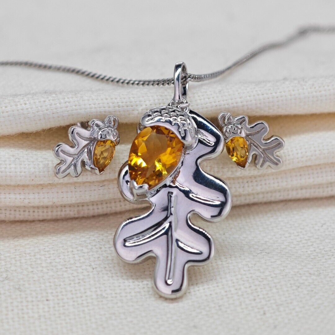 Citrine Necklace Stud Earring Set Sterling Silver Oak Leaf Natural Yellow Gemstone