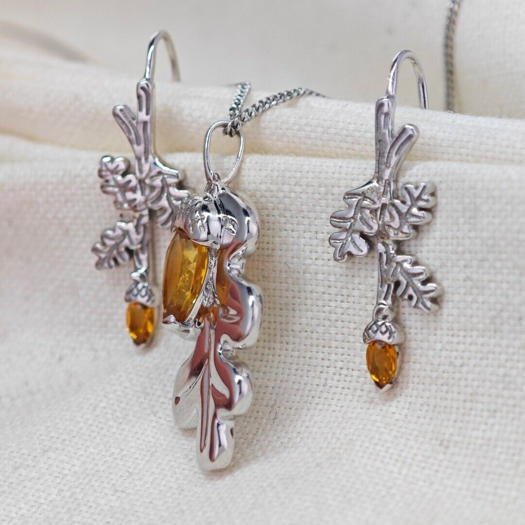 Oak Leaf Acorn Necklace Dangle Earring Set