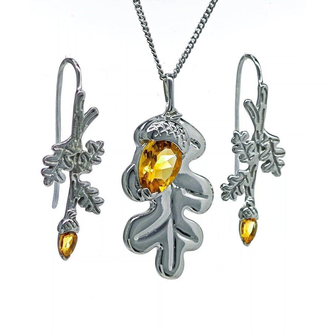 Oak Leaf Acorn Necklace Dangle Earring Set