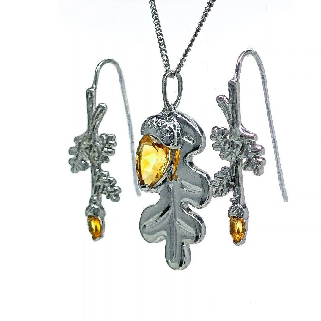 Oak Leaf Acorn Necklace Dangle Earring Set