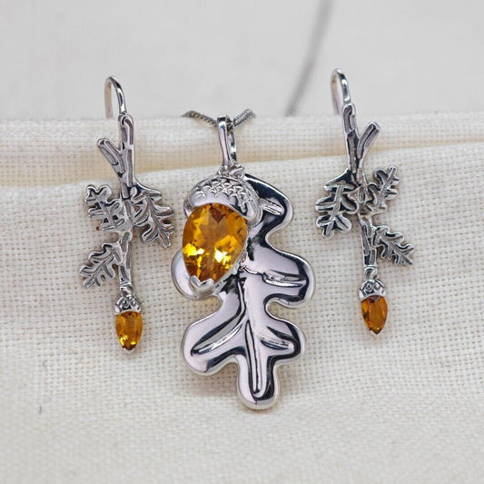 Oak Leaf Acorn Necklace Dangle Earring Set