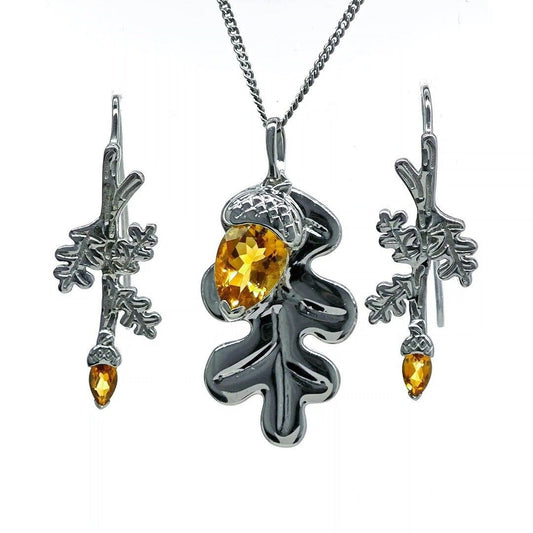 Oak Leaf Acorn Necklace Dangle Earring Set