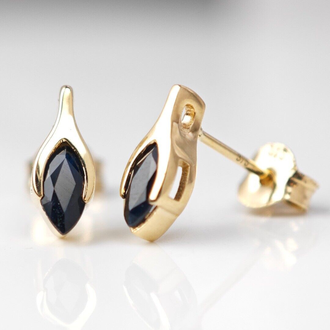 9ct Gold Sapphire Studs Earrings Dark Inky Blue Minimalist Marquise