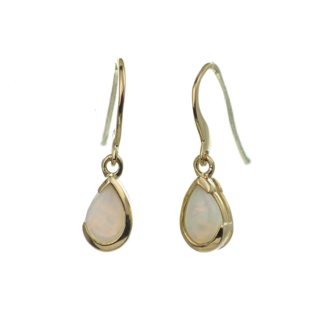 9ct Opal Dangle Earrings Yellow Gold Handmade Natural White Opulescent Gemstones