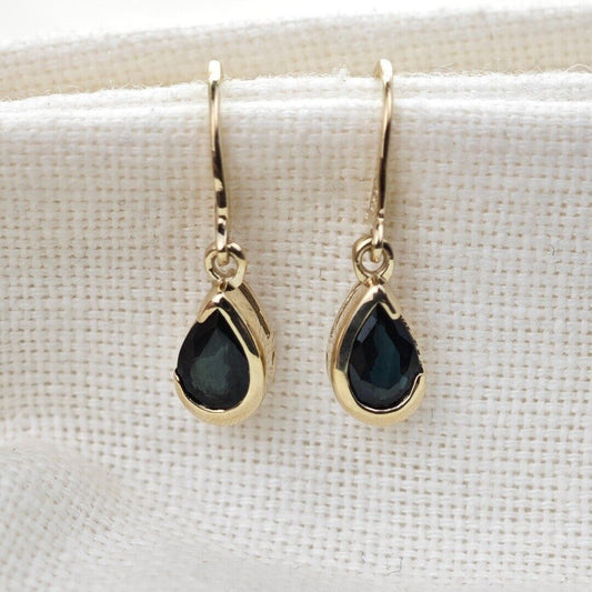 9ct Yellow Gold Sapphire Earrings Natural Inky Blue Gemstone Dangle Handmade