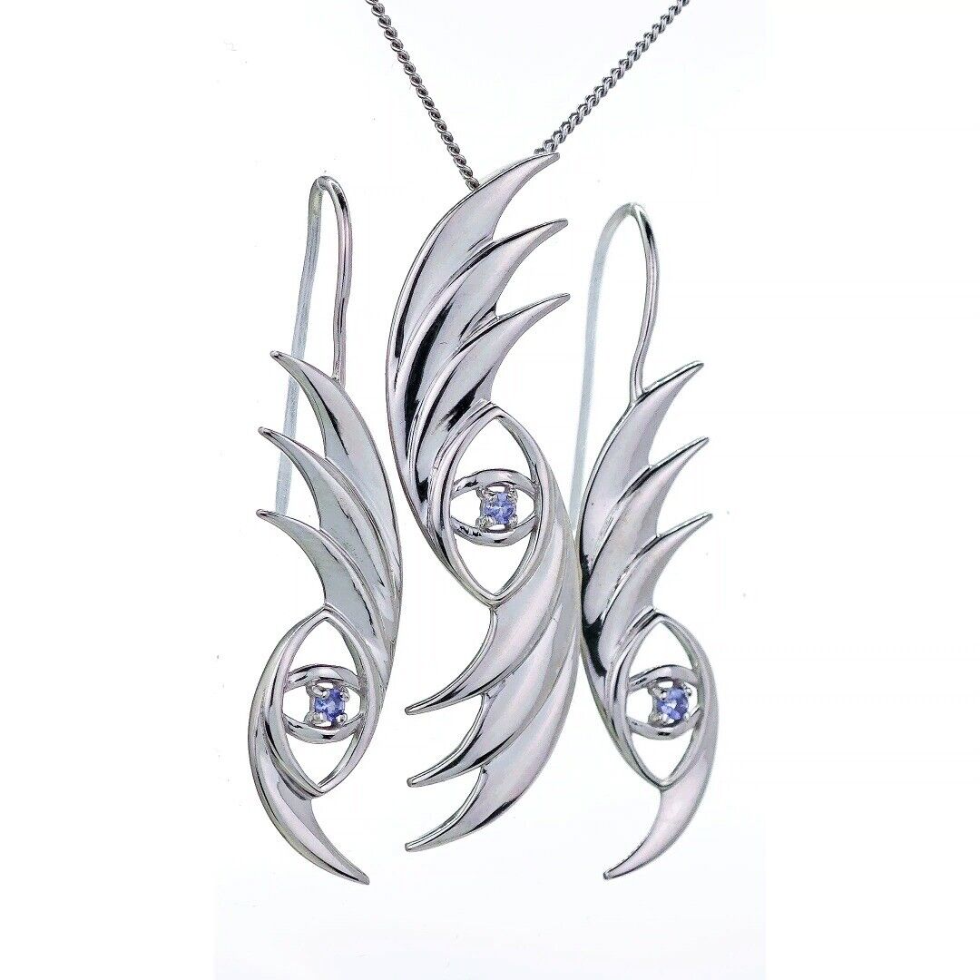 Tanzanite Necklace Dangle Earring Set Sterling Silver Natural Blue Gemstone