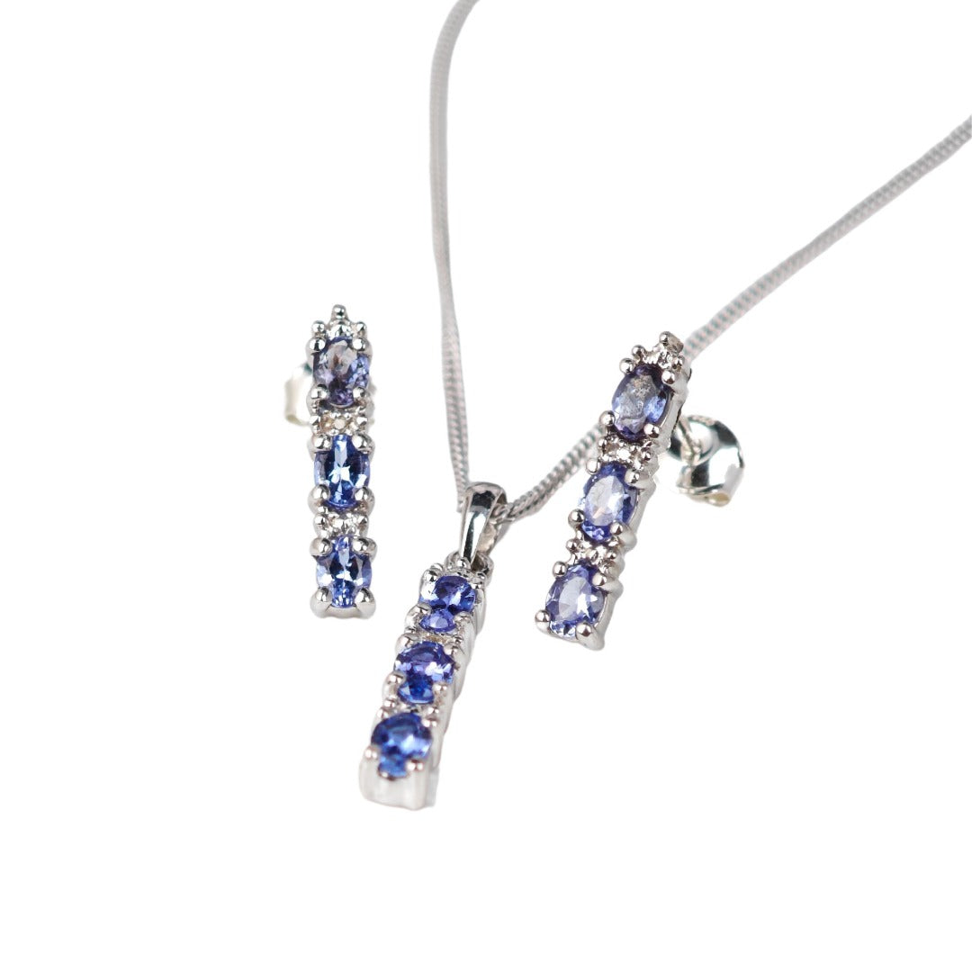 Tanzanite Necklace and stud earrings Set with Diamonds