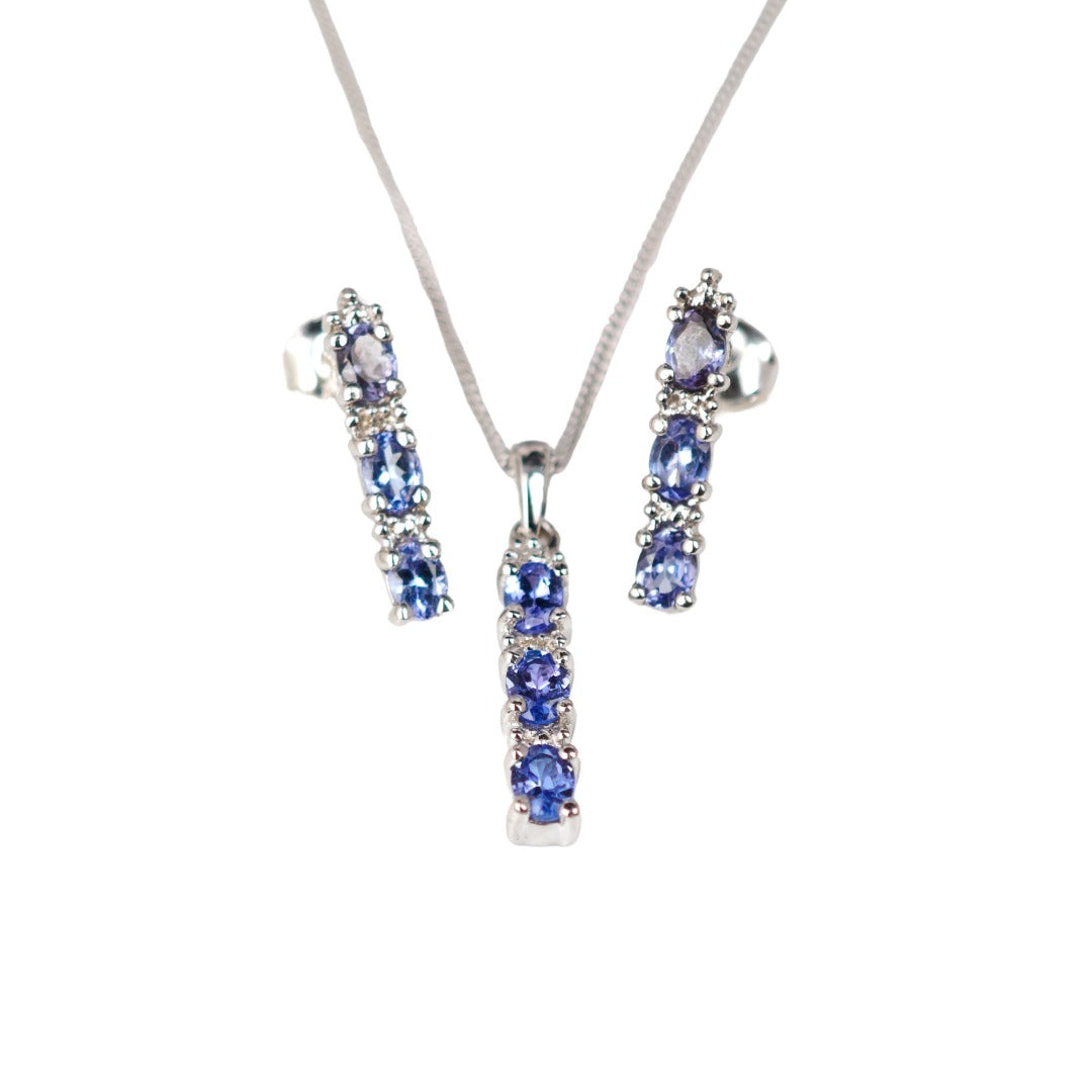 Tanzanite Necklace and stud earrings Set with Diamonds