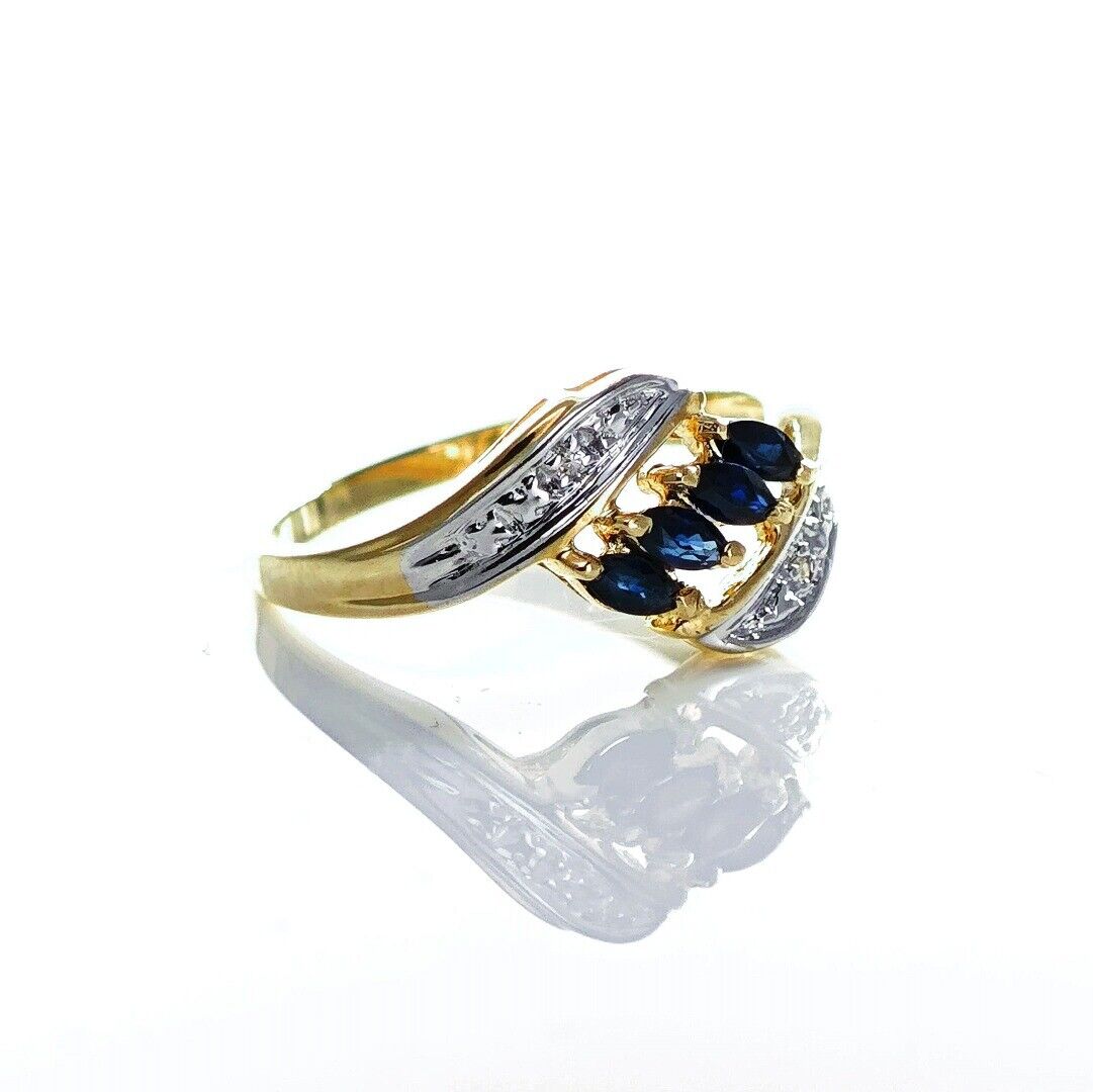 9ct Sapphire Ring Size N Diamond Yellow Gold 0.4ct Blue Marquise Gemstones Hallmarked