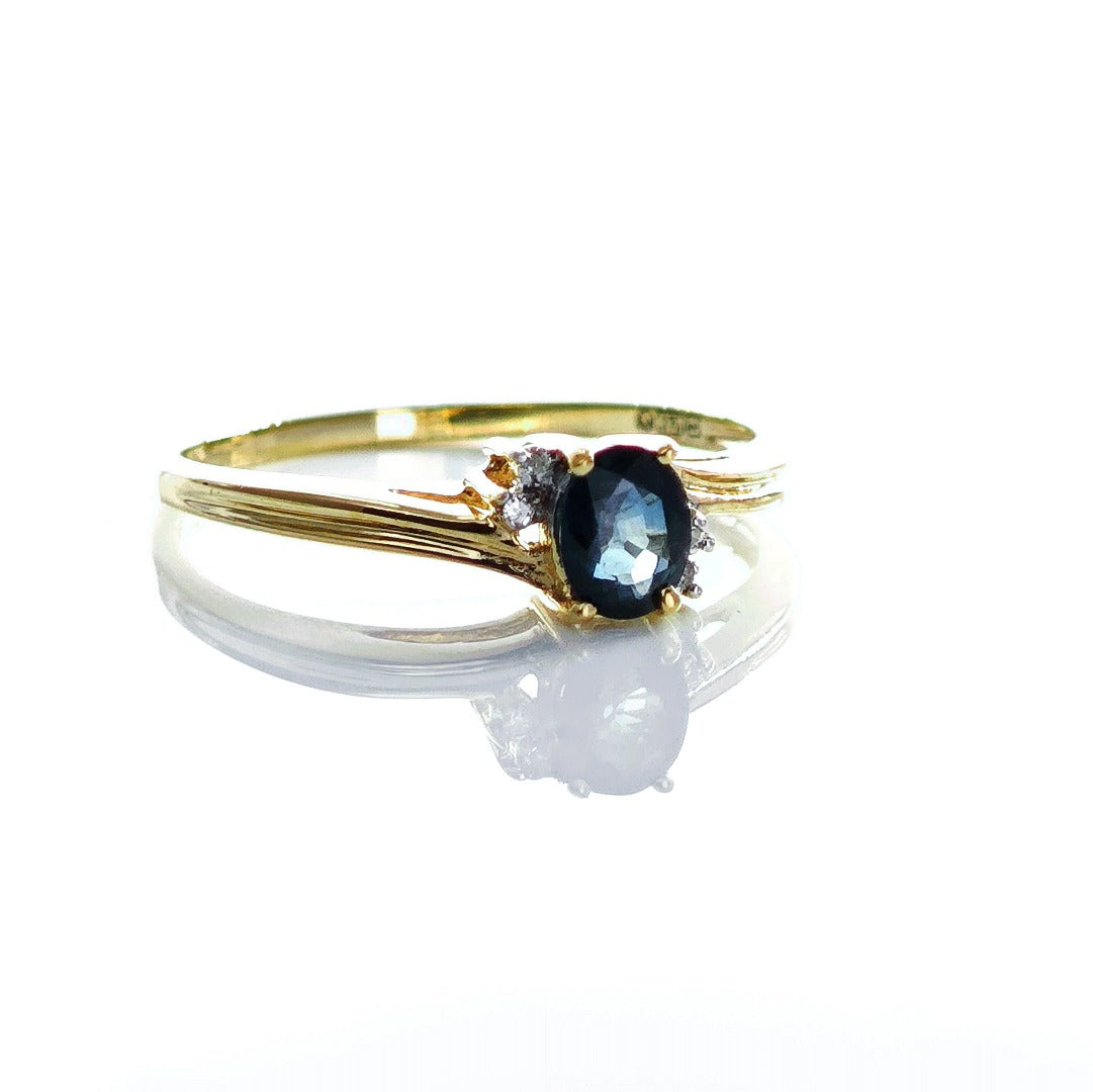9ct Sapphire Ring Size O Diamond Yellow Gold 0.45ct Blue Oval Gemstone