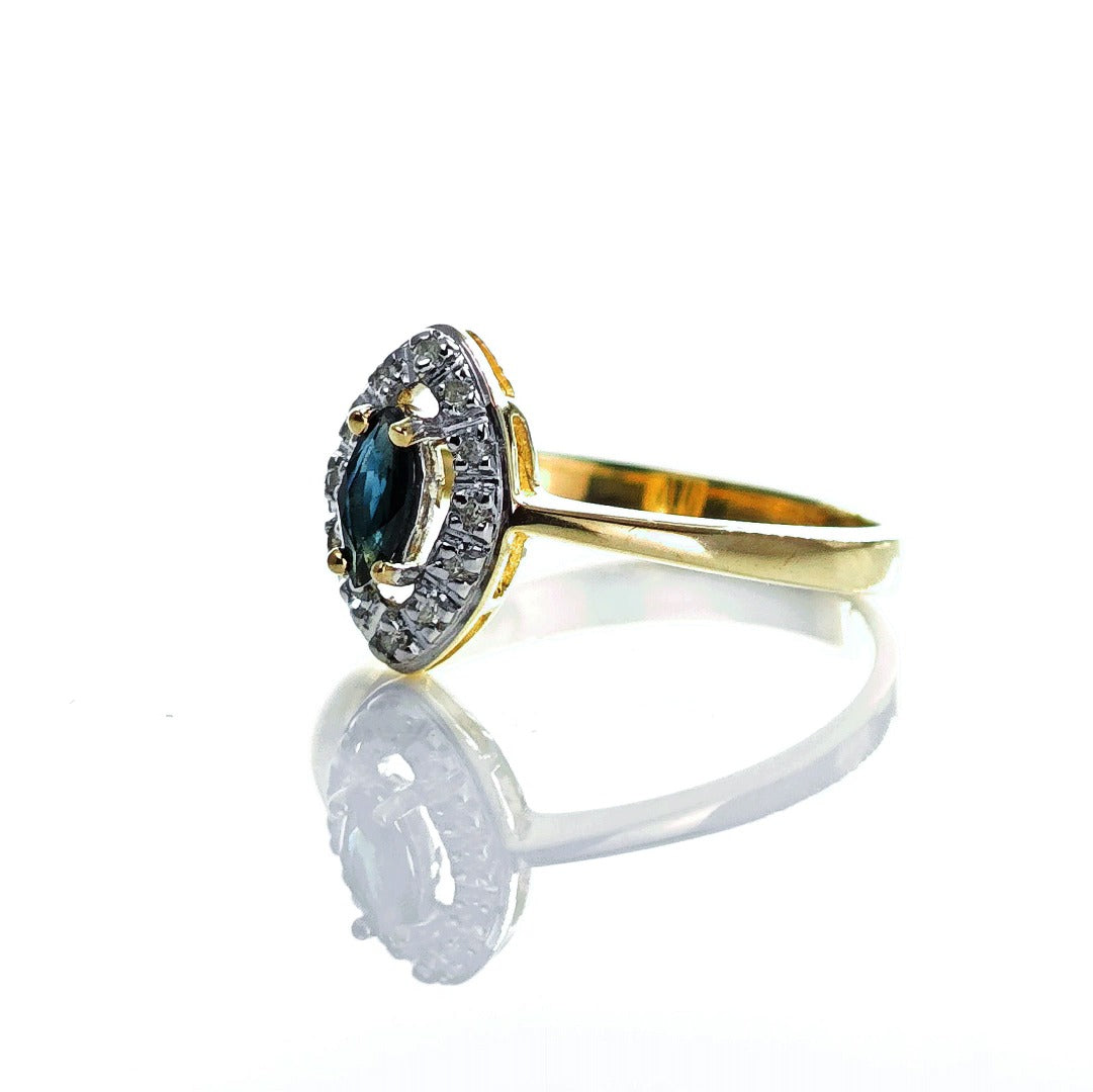 9ct Sapphire Ring Size O.5 Diamond Yellow Gold 0.26ct Blue Marquise Gemstone