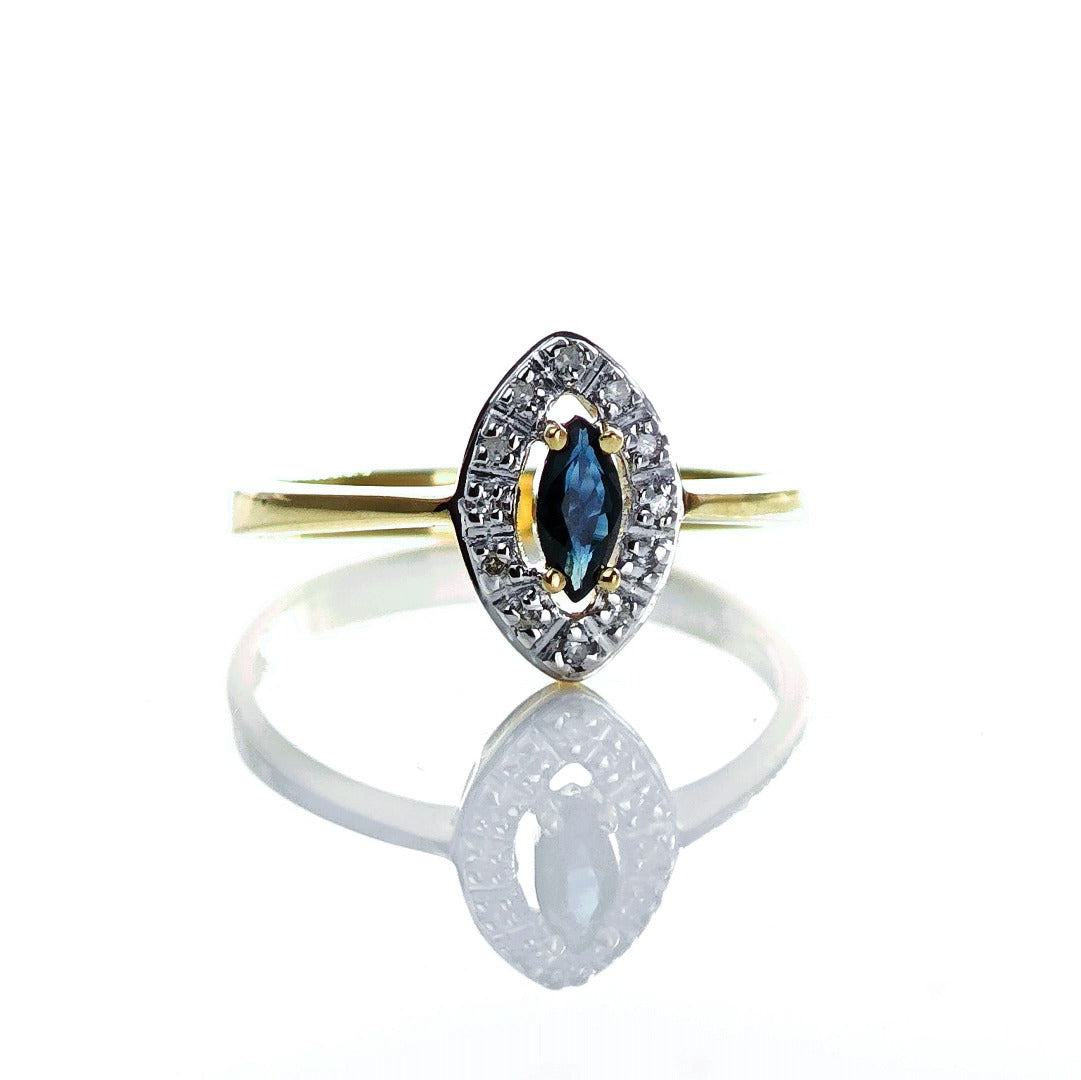 9ct Sapphire Ring Size O.5 Diamond Yellow Gold 0.26ct Blue Marquise Gemstone