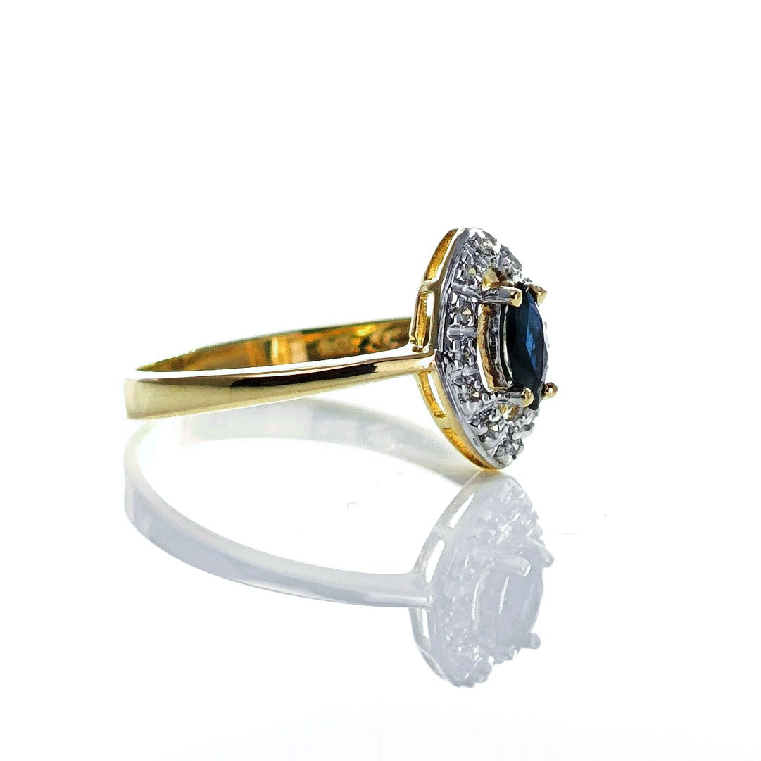 9ct Sapphire Ring Size O.5 Diamond Yellow Gold 0.26ct Blue Marquise Gemstone