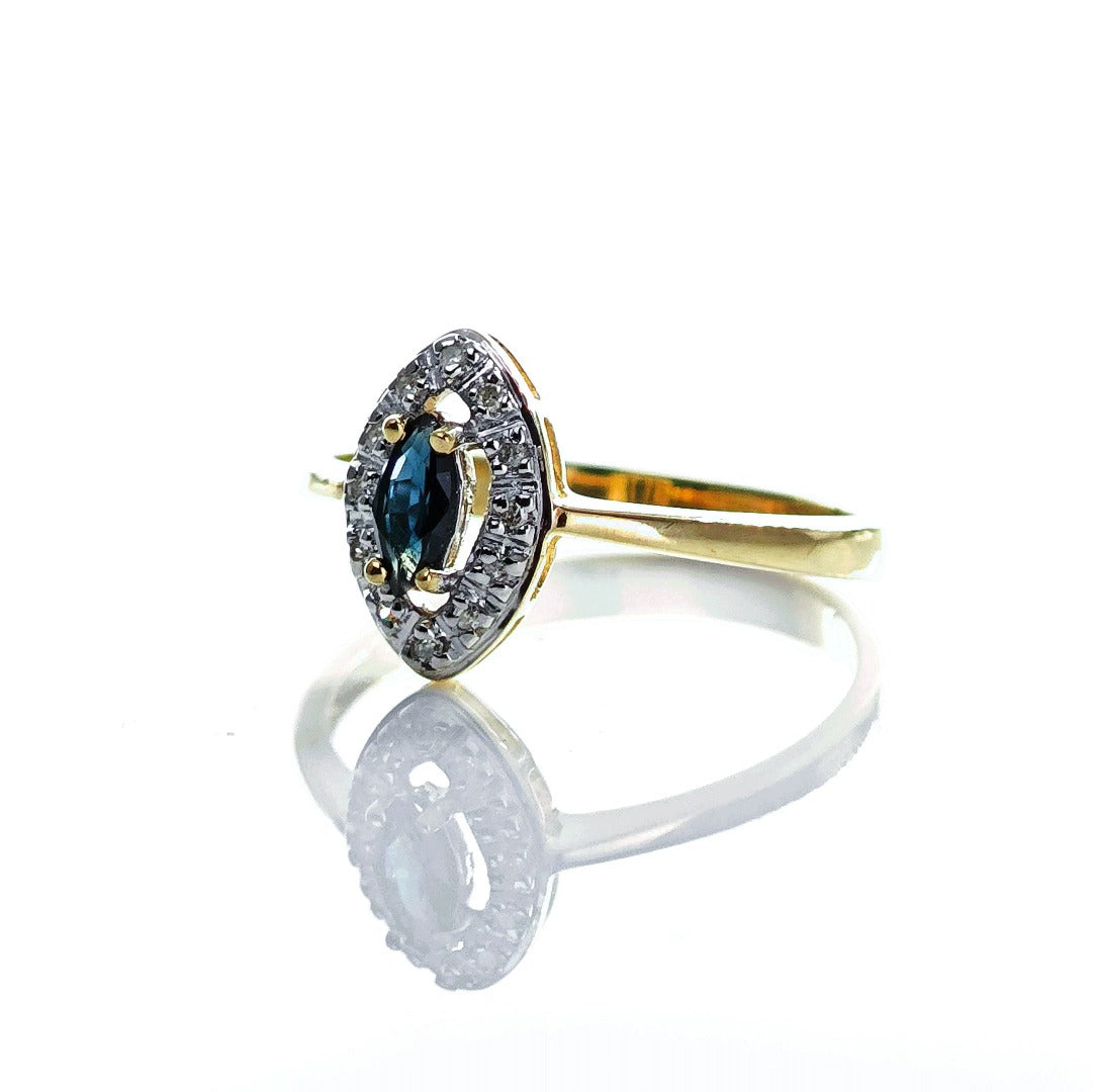 9ct Sapphire Ring Size O.5 Diamond Yellow Gold 0.26ct Blue Marquise Gemstone