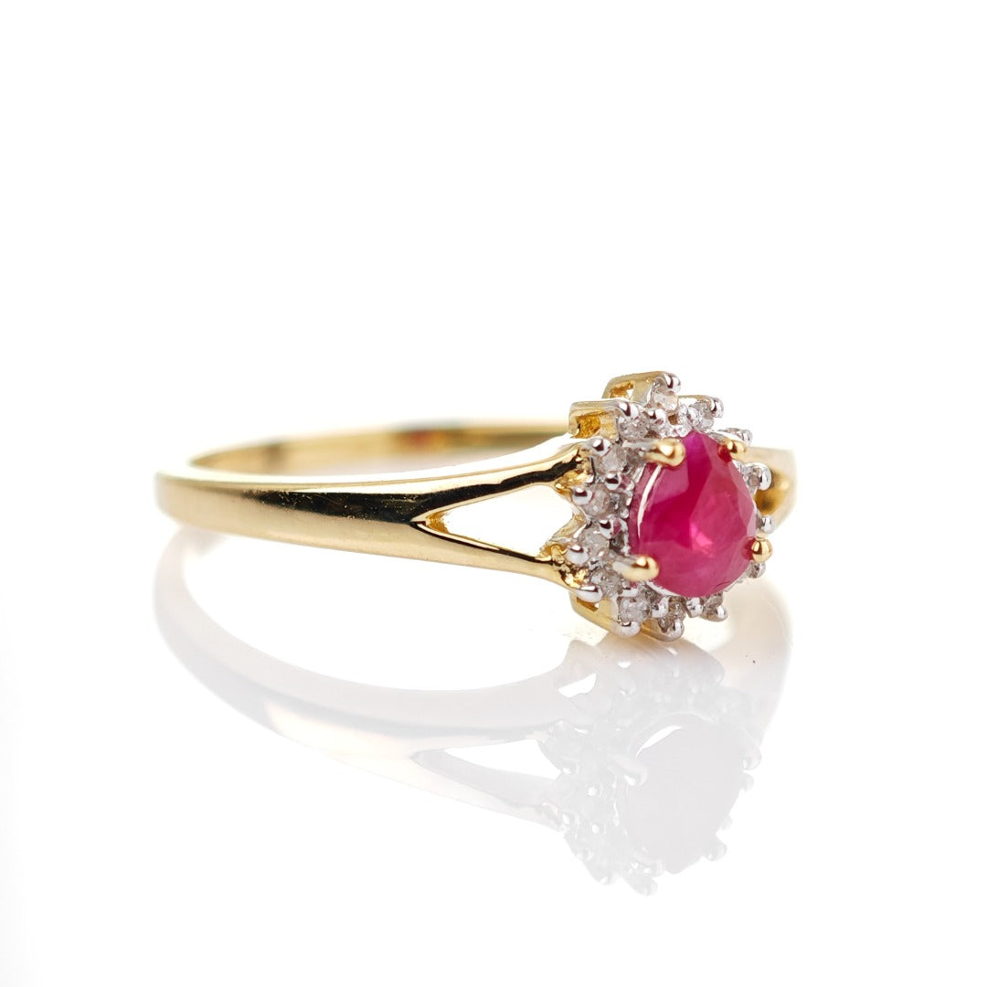 9ct Ruby Ring Size O.5 Diamond Yellow Gold 0.42ct Red Pear Gemstone
