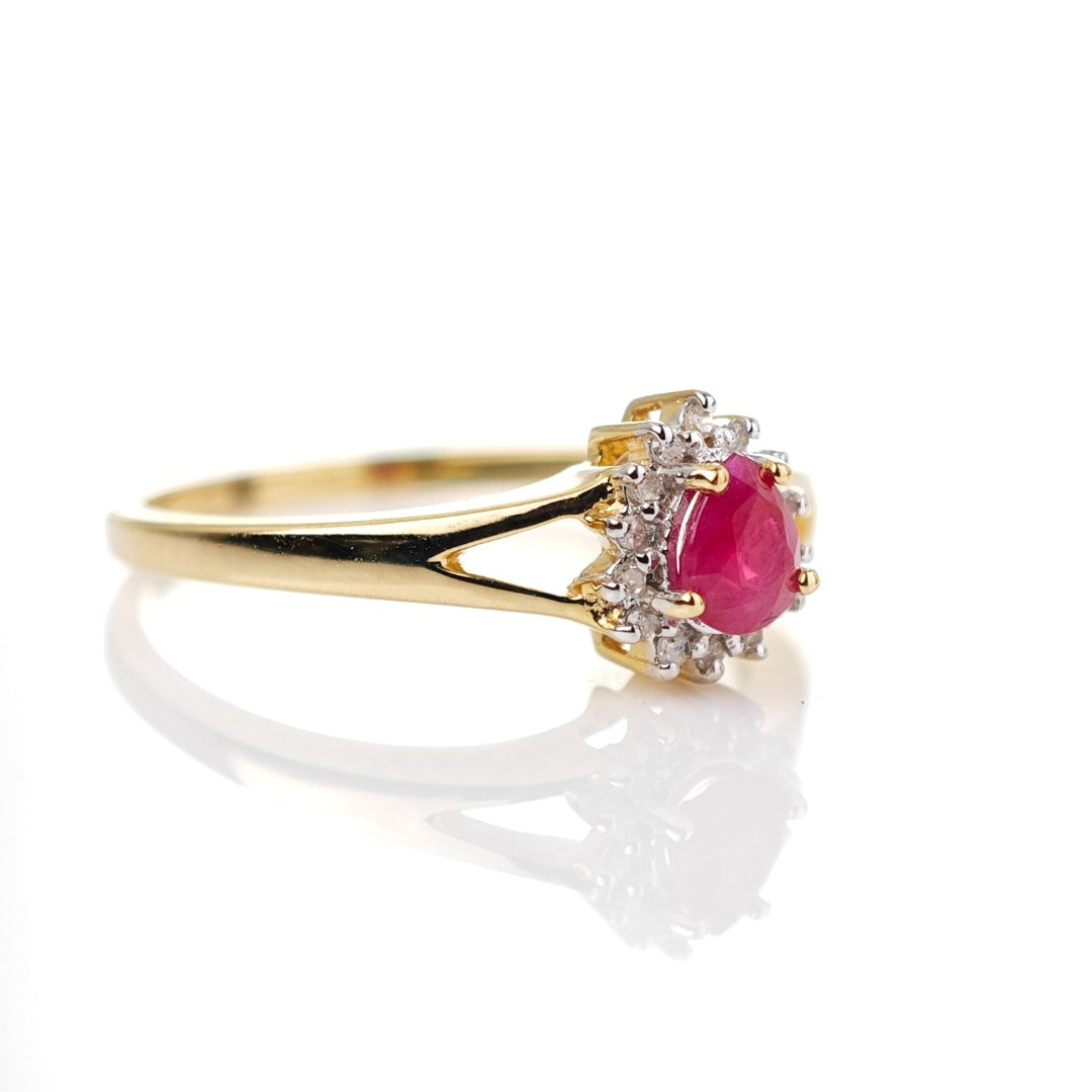 9ct Ruby Ring Size O.5 Diamond Yellow Gold 0.42ct Red Pear Gemstone