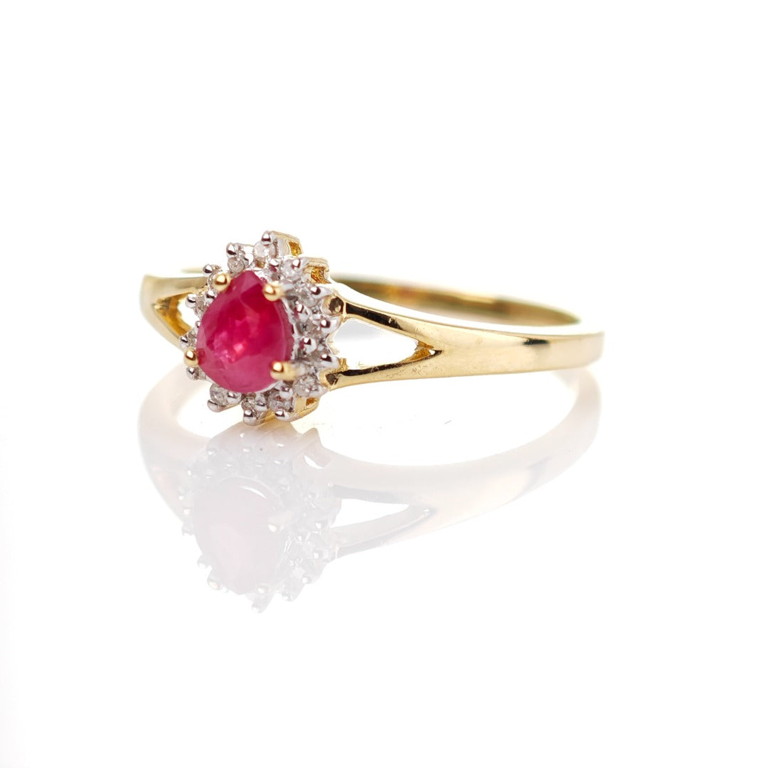 9ct Ruby Ring Size O.5 Diamond Yellow Gold 0.42ct Red Pear Gemstone