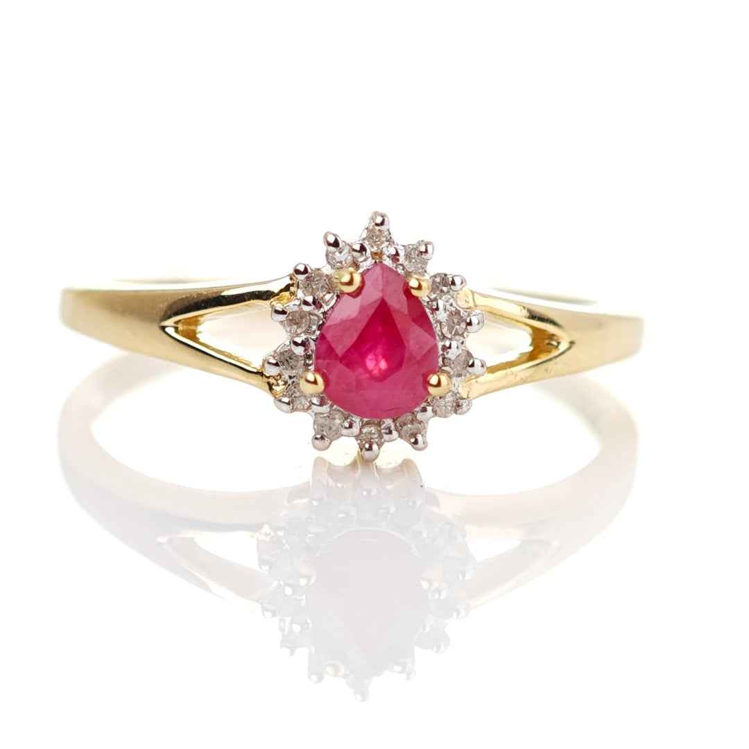 9ct Ruby Ring Size O.5 Diamond Yellow Gold 0.42ct Red Pear Gemstone