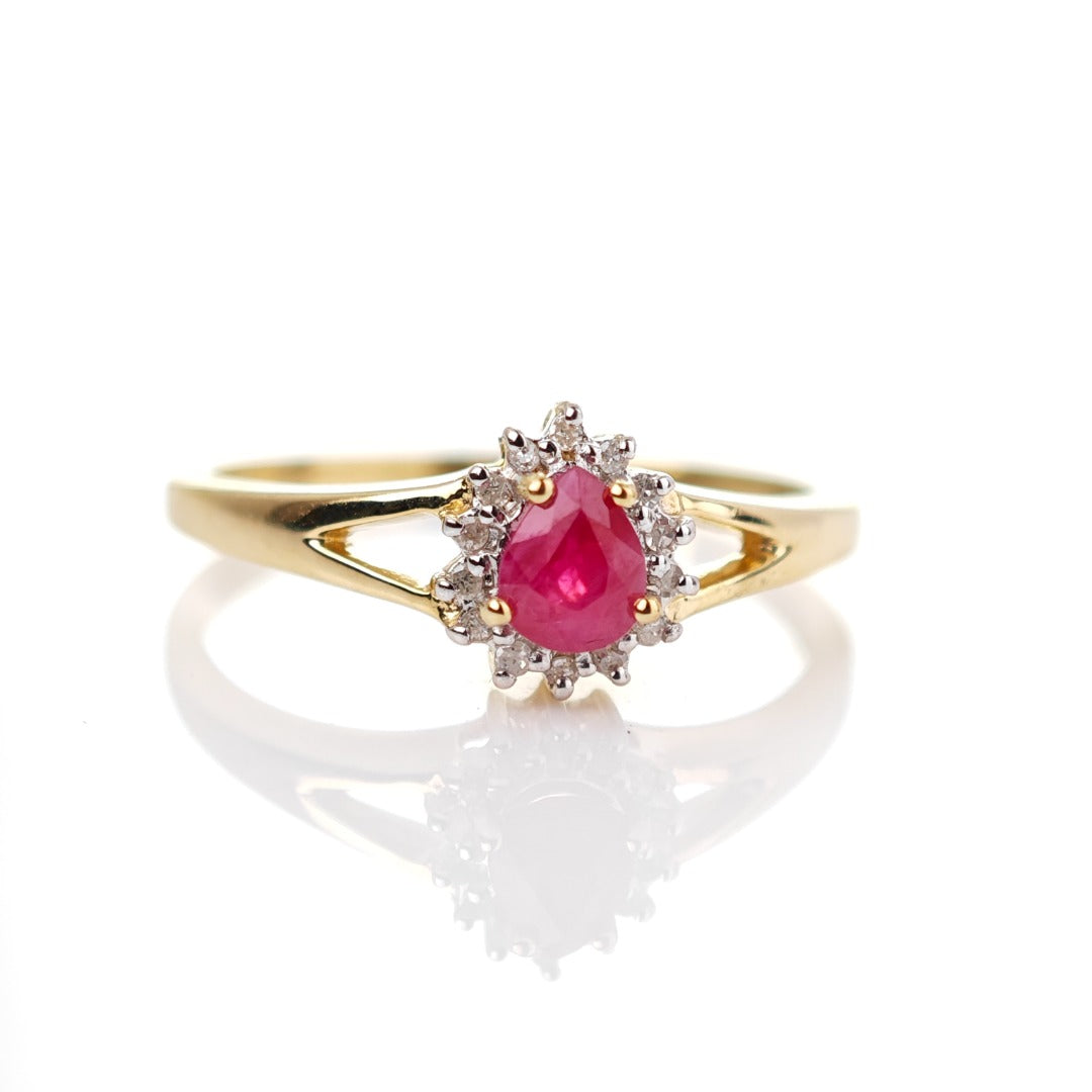 9ct Ruby Ring Size O.5 Diamond Yellow Gold 0.42ct Red Pear Gemstone