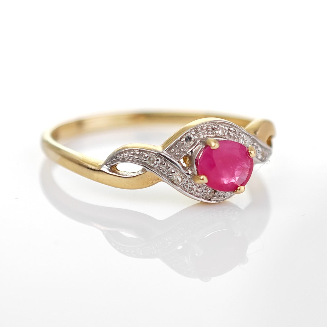 9ct Ruby Ring Size P.5 Diamond Yellow Gold 0.45ct Red Oval Gemstone
