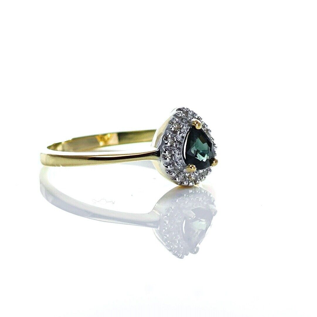 9ct Sapphire Ring Size N Diamond Yellow Gold 0.34ct Blue Pear Gemstone