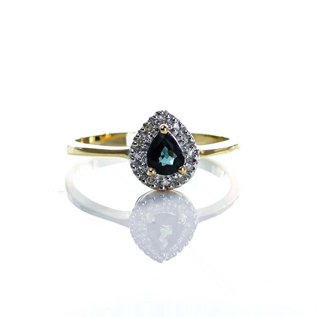 9ct Sapphire Ring Size N Diamond Yellow Gold 0.34ct Blue Pear Gemstone