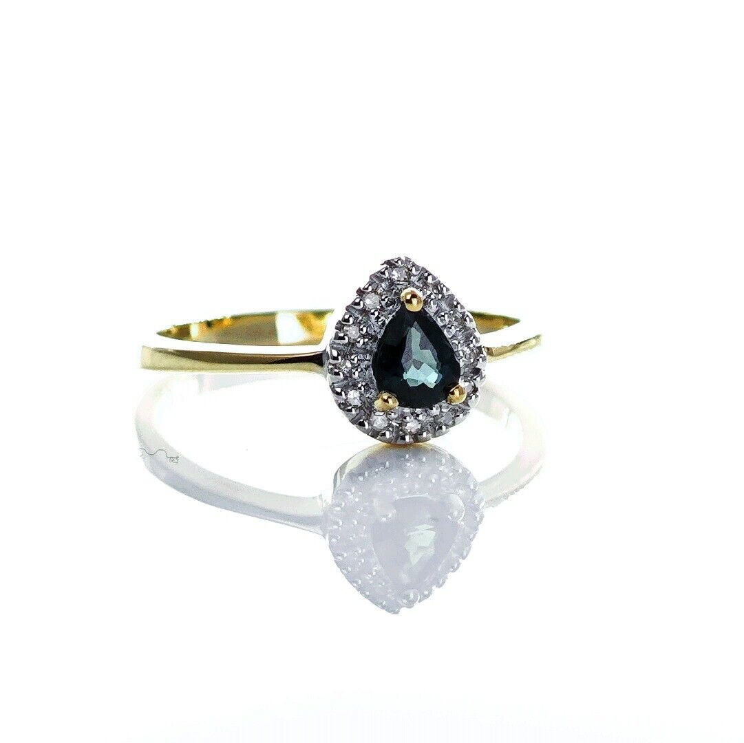 9ct Sapphire Ring Size N Diamond Yellow Gold 0.34ct Blue Pear Gemstone