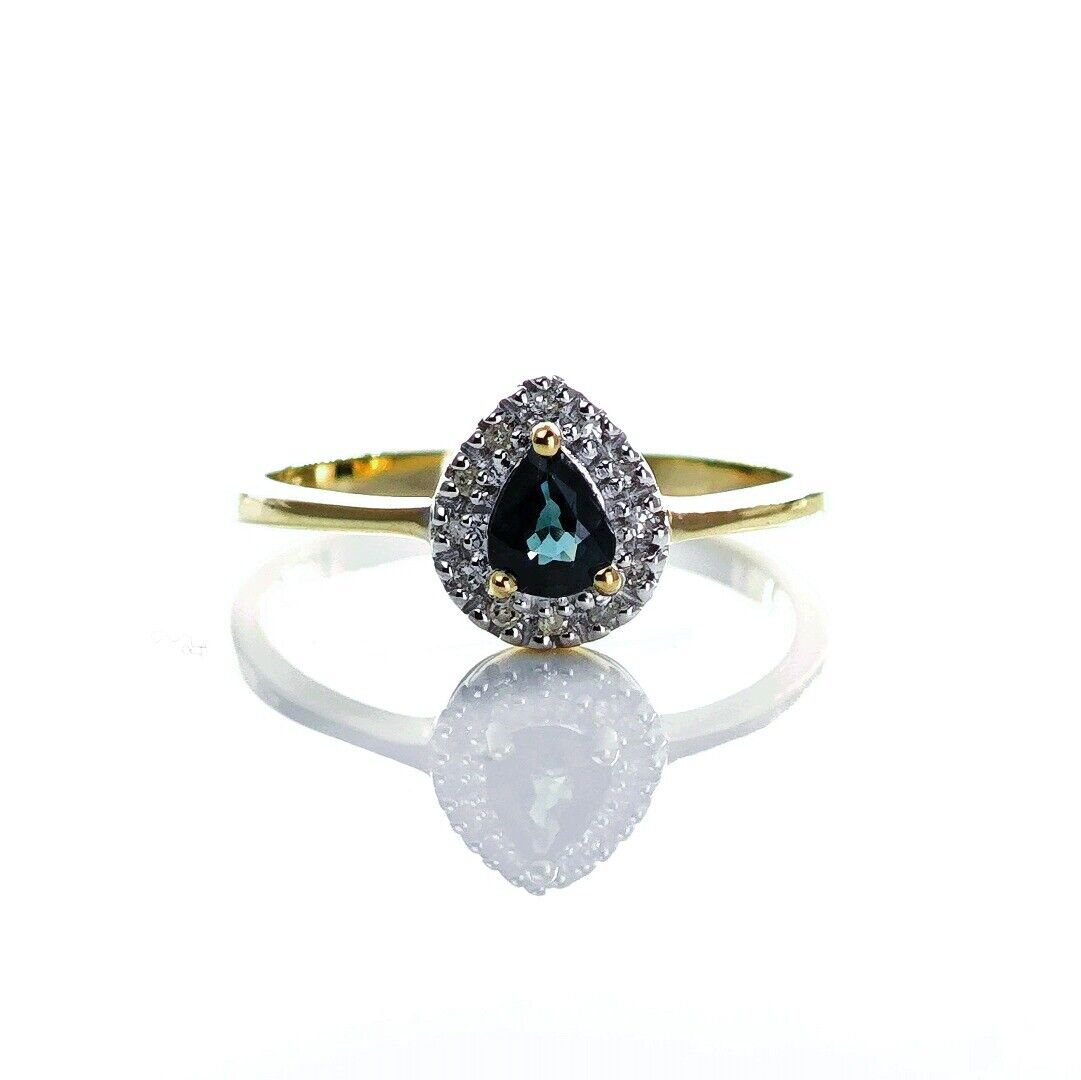 9ct Sapphire Ring Size N Diamond Yellow Gold 0.34ct Blue Pear Gemstone