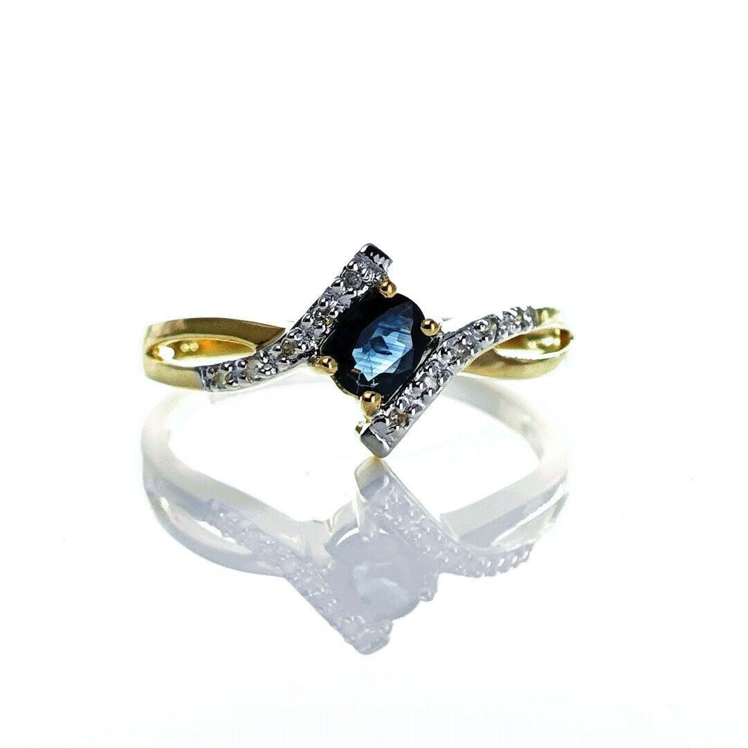 9ct Sapphire Ring Size O.5 Diamond Yellow Gold 0.4ct Blue Oval Gemstone