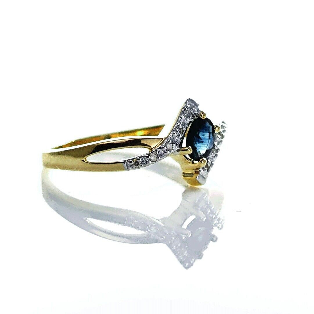9ct Sapphire Ring Size O.5 Diamond Yellow Gold 0.4ct Blue Oval Gemstone
