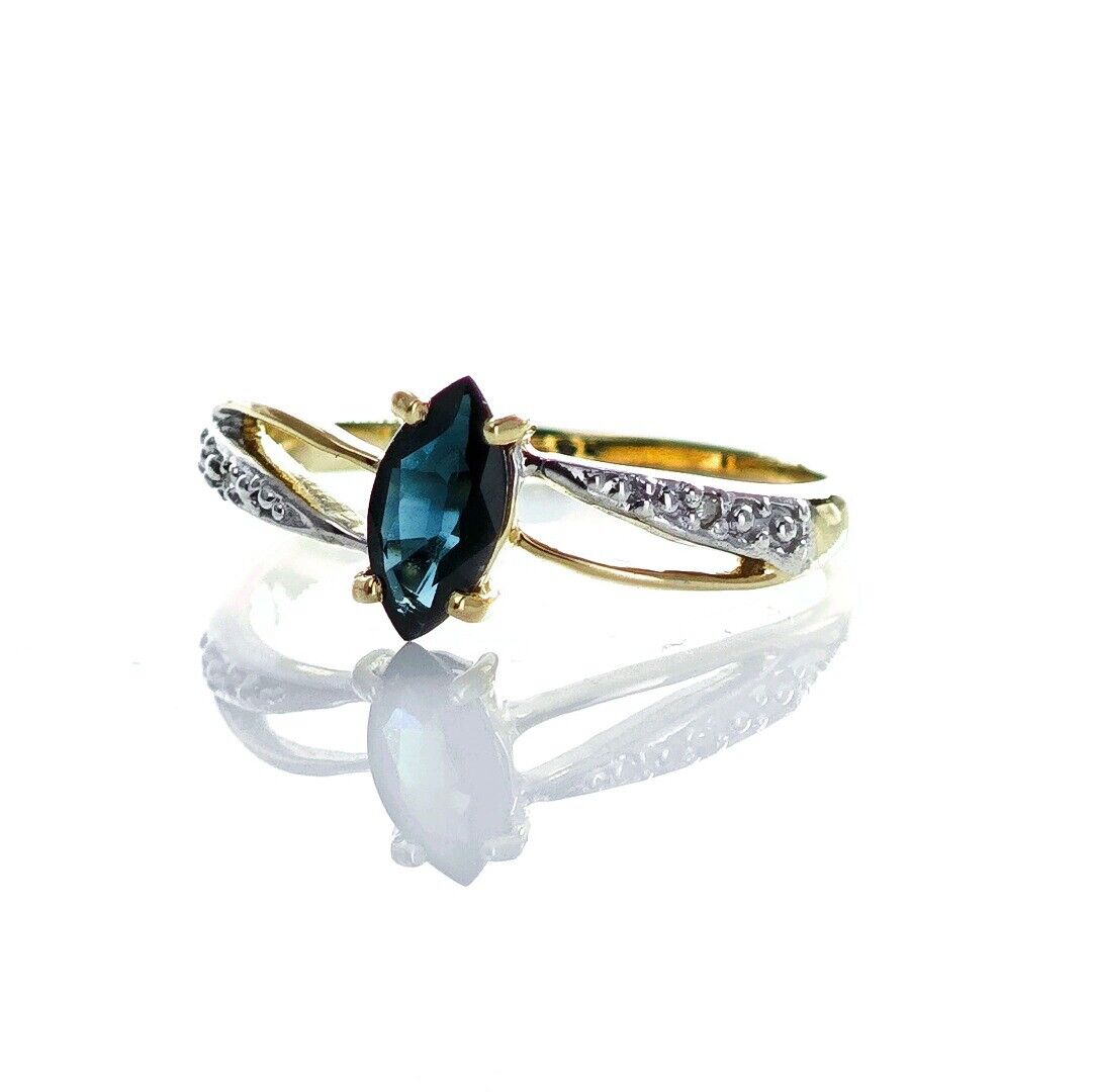 9ct Sapphire Ring Size M.5 Diamond Yellow Gold 0.69ct Blue Marquise Gemstone