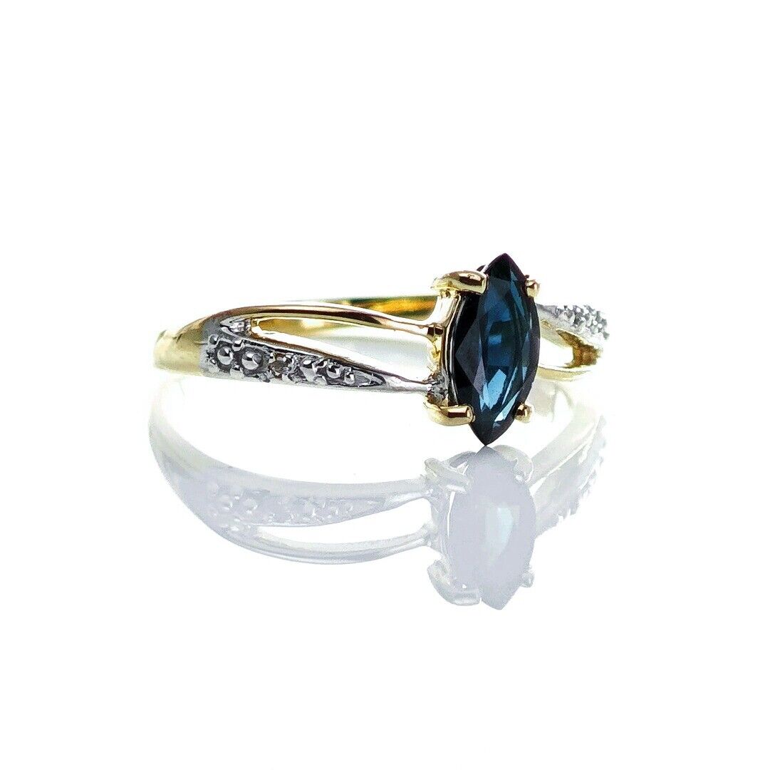 9ct Sapphire Ring Size M.5 Diamond Yellow Gold 0.69ct Blue Marquise Gemstone