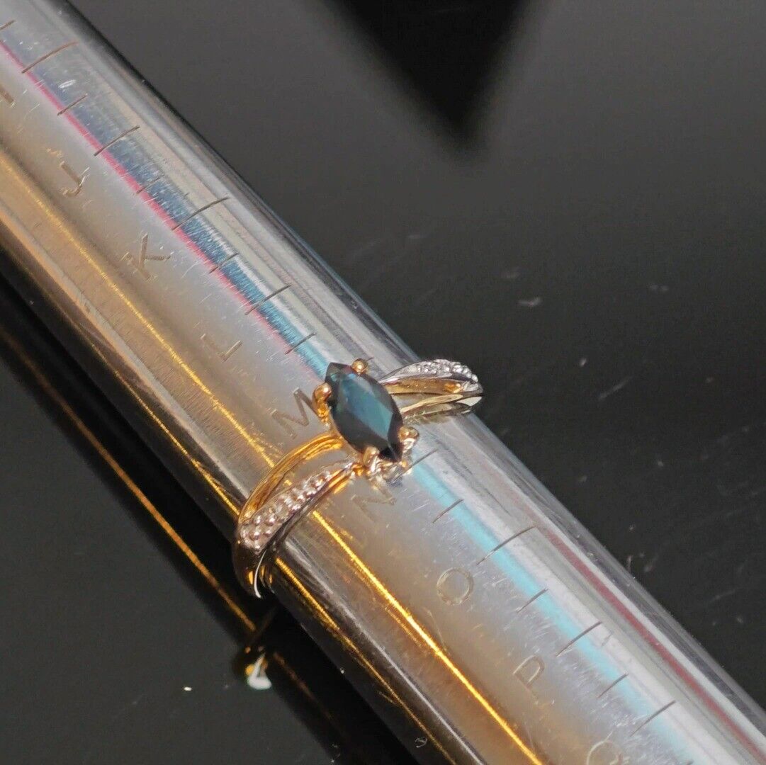 9ct Sapphire Ring Size M.5 Diamond Yellow Gold 0.69ct Blue Marquise Gemstone
