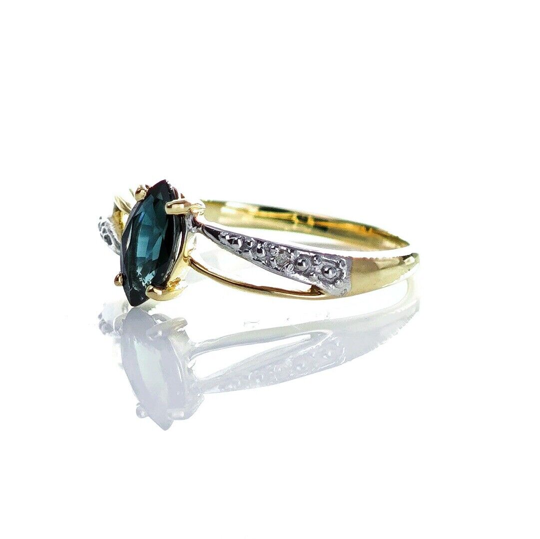 9ct Sapphire Ring Size M.5 Diamond Yellow Gold 0.69ct Blue Marquise Gemstone