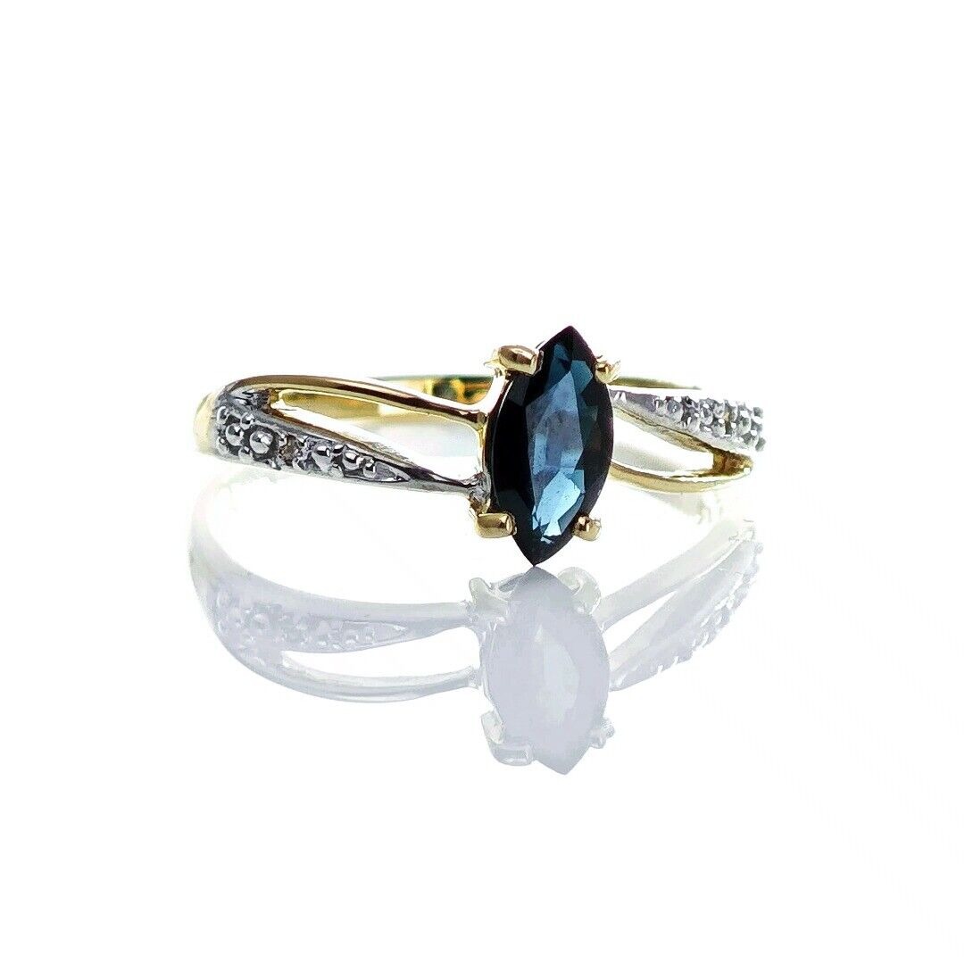 9ct Sapphire Ring Size M.5 Diamond Yellow Gold 0.69ct Blue Marquise Gemstone