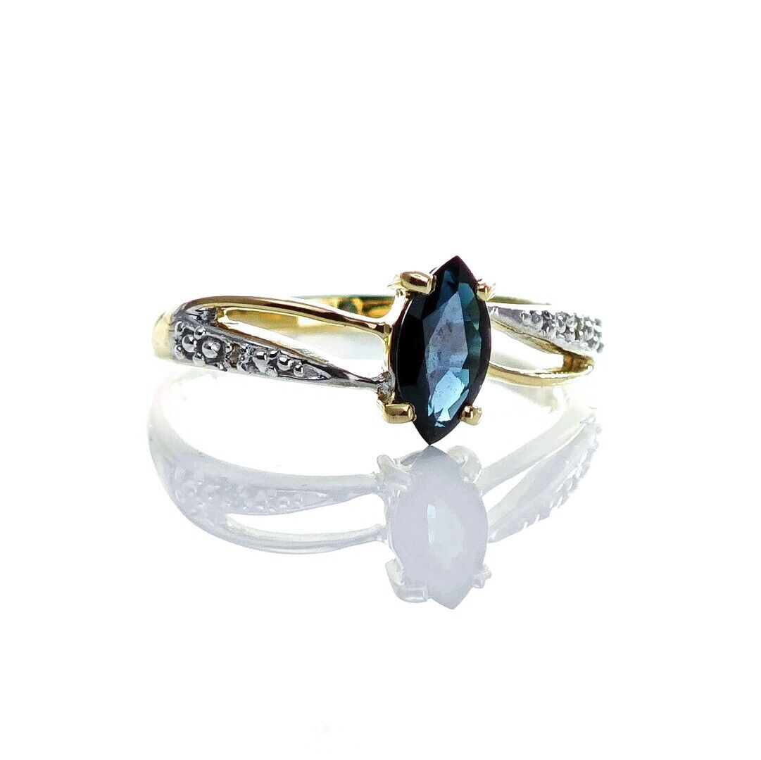 9ct Sapphire Ring Size M.5 Diamond Yellow Gold 0.69ct Blue Marquise Gemstone