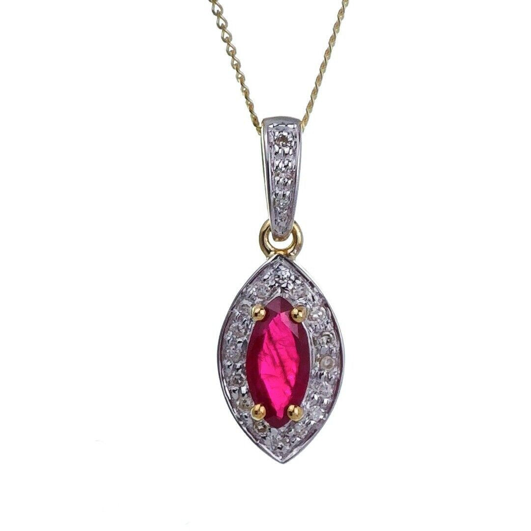 9ct Ruby Necklace Diamonds Yellow Gold 0.56ct Red Marquise Natural Gemstone
