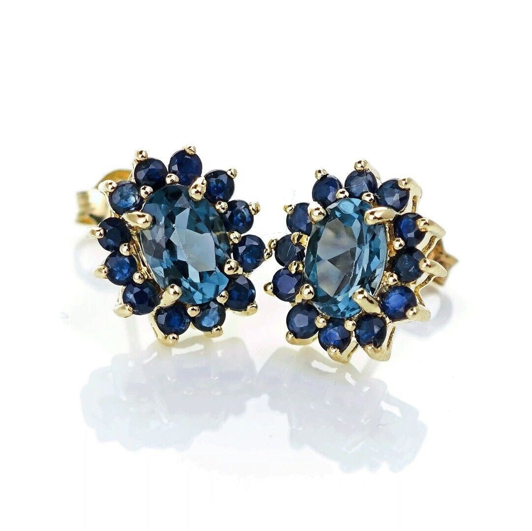 9ct Topaz Sapphire Earrings Gold Studs Natural Treated Blue Gemstones 2.75ct
