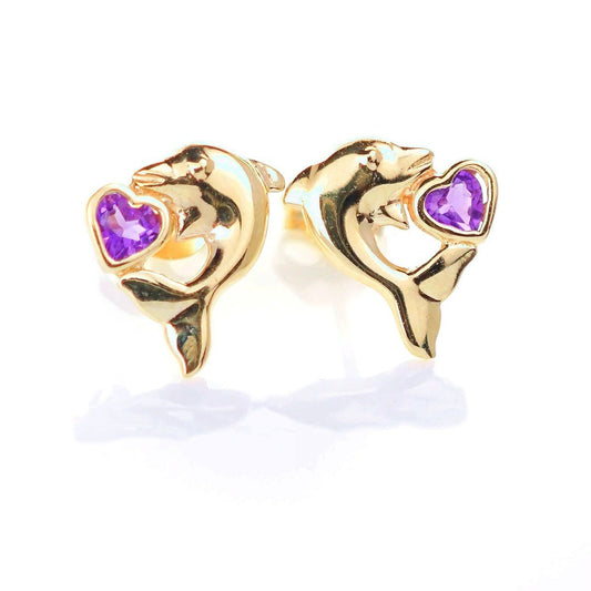 Amethyst Heart Stud Earrings in 9ct Gold