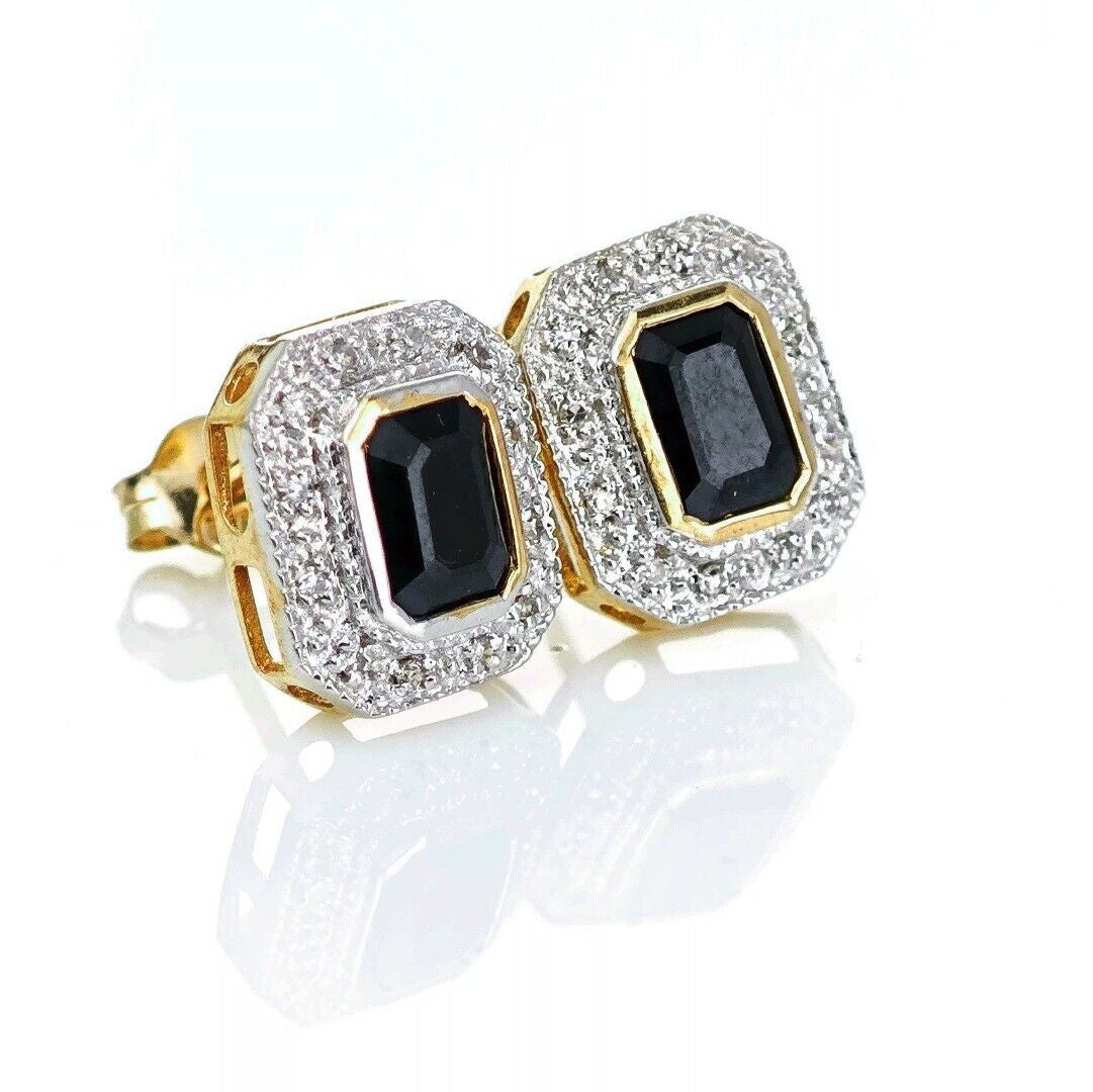 9ct Dark Sapphire Diamond Earrings Gold Studs Natural Gemstones 1.6ct