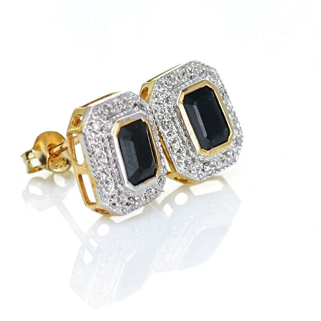9ct Dark Sapphire Diamond Earrings Gold Studs Natural Gemstones 1.6ct