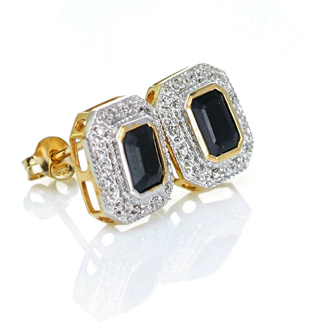 9ct Dark Sapphire Diamond Earrings Gold Studs Natural Gemstones 1.6ct