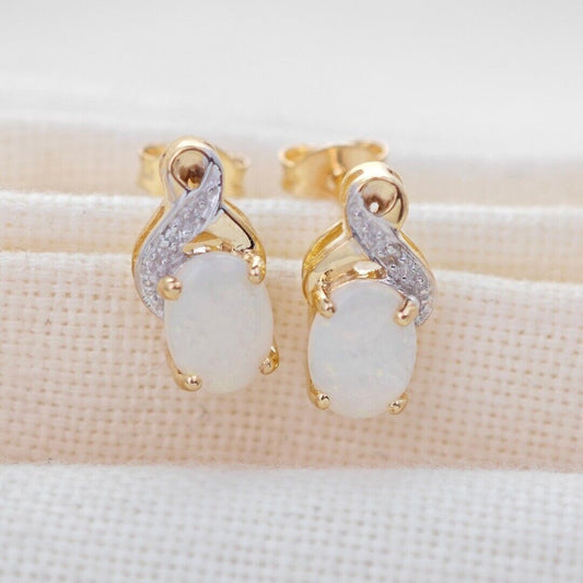 9ct Opal Diamond Earrings Gold Studs Natural White Gemstones 0.88ct